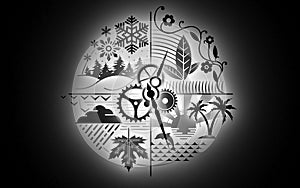 Circle of life wallpaper. All seasons cycle symbol. Spring, summer, autumn, winter. Hands of the life clock. 3D rendering