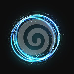 Blue gold circle light effect with round glowing elements, particles and stars on dark background. Shiny glamour design