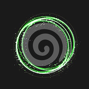 Green gold circle light effect with round glowing elements, particles and stars on dark background. Shiny glamour design