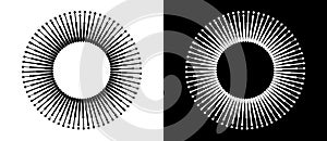 Circle with lines like sun concept. Can be used as an icon, logo, tattoo. Black lines on a white background and white lines on the