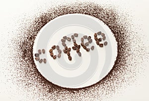 Circle made of coffee powder on white isolated background