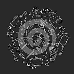 Circle made of elements with hand drawn kitchenware on a chalkboard background
