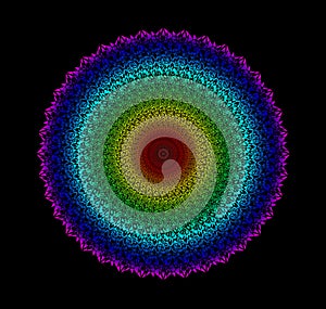 Circle mandala. Colorful rainbow pattern on a black background. Spiritual esoteric symbol.