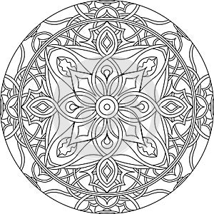 Circle mandala, gray backround. Vector illustration. Meditation poster.