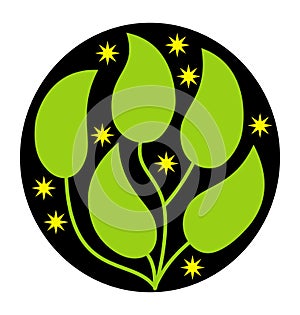 Circle mandala with leaves and stars. Symbol of ecology, green energy, growth. Logo, sign. Vector.