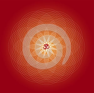 Circle mandala. Red, orange and purple colors. Sign Aum / Om / Ohm in center. Spiritual esoteric symbol.
