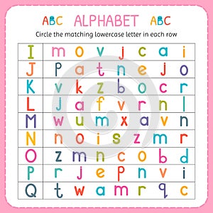 Circle the matching lowercase letter in each row. From I to Q. Worksheet for kindergarten and preschool. Exercises for children