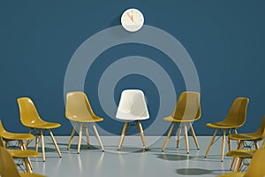 Circle of modern design chairs with one odd one out. Job opportunity. Business leadership. recruitment concept.