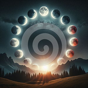 A circle of moon phases is superimposed over a photo of a mountain valley at sunset.