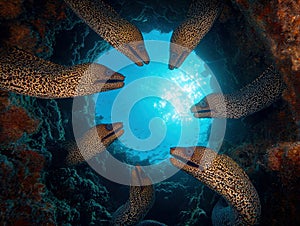 A circle of moray eels and a cluster of cuttlefish in a reef cave, under bright, sunlit water Hyperrealistic, vibrant colors