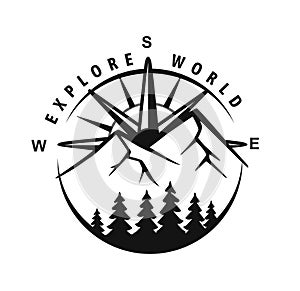 Circle Mountain badge vector. Travel emblem. Nature sign with compass