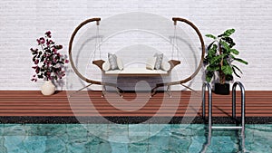 circle natural wooden swing on wooden floor swimming pool deck