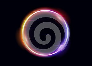 Circle neon glow. Light effects. Round purple frame. Glare ring space. Magic motion elements. Gradient line shape with