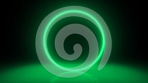 Circle neon green light in black hall room. Abstract geometric background. Futuristic concept. Glowing in concrete floor room with