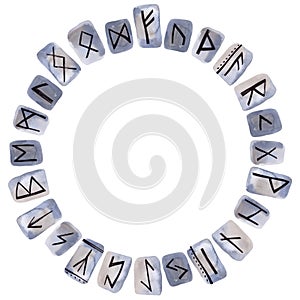 Circle of Odin.Scandinavian runes carved on stone. Wreath. Divination set. Group of watercolor elements on a white background.