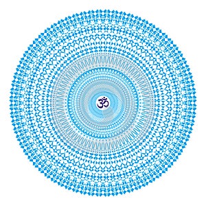 Circle openwork mandala in blue colors. Sign Aum / Om / Ohm in center. Spiritual esoteric symbol.