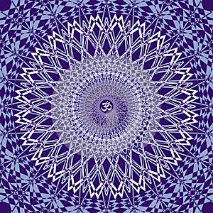 Circle openwork mandala. Blue colors. Sign Aum / Om / Ohm in center. Spiritual esoteric symbol. Vector graphics art.