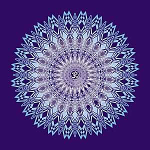 Circle openwork mandala. Blue colors. Sign Aum / Om / Ohm in center. Spiritual esoteric symbol. Vector graphics art.