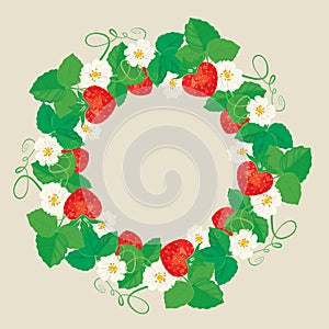 Circle ornament with Strawberries in heart shapes with flowers