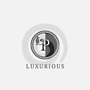 Circle P Letter Logo Icon. Classy Vintage Ornate Leaf Shape design on black and white color for business initial like fashion,