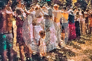 Circle of people on Ceremony. People holding hands at a ceremony. Painting effect.