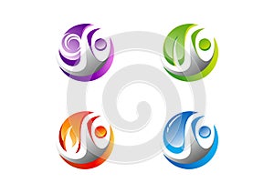 Circle,people,water,wind,flame,leaf,logo, Set of four nature element icon symbol vector design