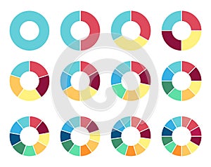 Circle pie chart. 2,3,4,5,6,7,8,9,10,11,12 sections or steps. Flat process cycle. Progress sectors.