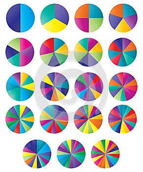 Circle pie chart, pie diagram icon from 2 to 20 sections. Simple, basic infochart, infographic template. Segmented circles,