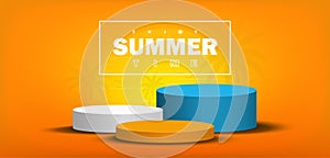 Circle podium white, blue, and orange colors for product display on Summer yellow background.