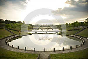 A circle pond in an empty park, ibaraki japan