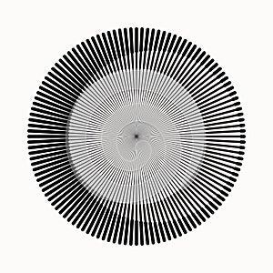 Circle from radial lines as icon or logo. Black design element on white background. Art lines design