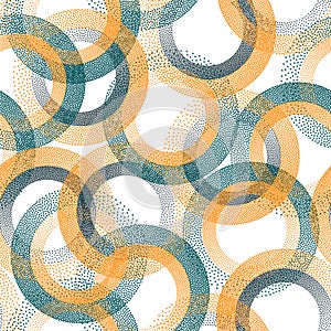 Circle ring shapes of dots contemporary vector seamless pattern.