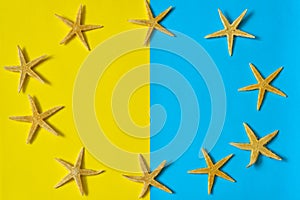 Circle of sea stars on blue and yellow paper background. Flat lay, copy space, top view. Summer vacation concept