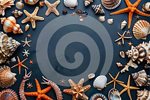 A circle of seashells and starfish on a black background