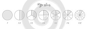 Circle segments of pie charts set, round diagram divides on 1 2 3 4 6 8 12 slices