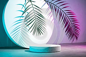 Circle with shadow from a palm leaf in neon light