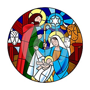 Circle shape with the birth of Jesus Christ scene in stained glass style