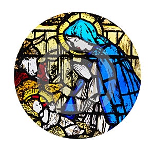 Circle shape with the Christmas and Adoration of the Manger scene in stained glass style.