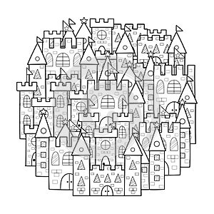 Circle shape coloring page with cute castles. Magic little kingdom doodle mandala