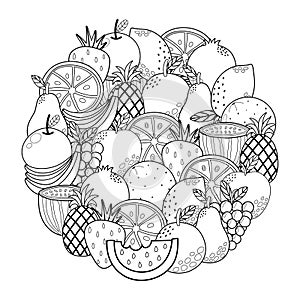 Circle shape coloring page with fruits. Black and white outline background