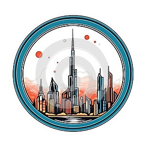 A circle shape frame with center space of Dubai city skyline in simple doodle color cartoon style. Generative AI AIG32