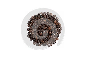 Circle shape made with some fresh roasted coffee beans isolated on white background