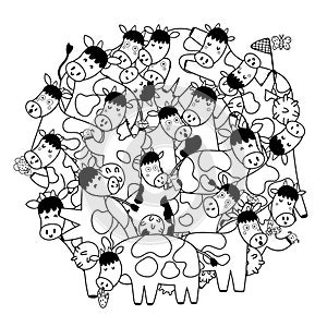 Circle shape pattern with cute cows for coloring book