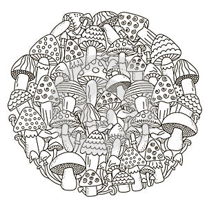 Circle shape pattern with fantasy mushrooms for coloring book