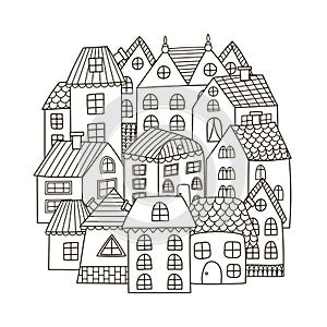 Circle shape pattern with houses for coloring book