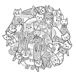 Circle shape print with funny cats. Coloring page with feline characters