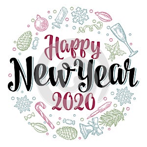 Circle shape set for New Year 2020. Vector vintage color engraving