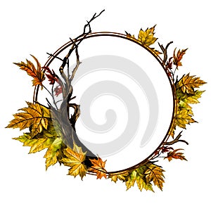 Circle shaped frame surrounded by dry twigs and autumn dry maple leaves