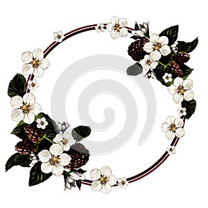 Circle shaped frame surrounded by raspberry berries leaves and flowers