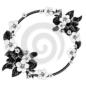 Circle shaped frame surrounded by raspberry berries leaves and flowers